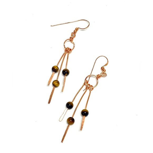 HANDMADE Tigers Eye and Hand Wrapped and Hammered Bare Copper Dangle Earrings - Picture 1 of 10